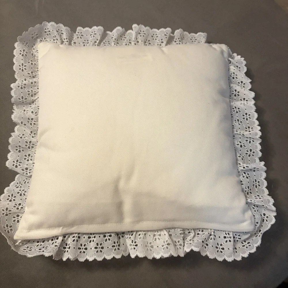 VTG Handmade Throw Pillow Cream Floral Cross Stitch Lace Trim Cottagecore Granny
